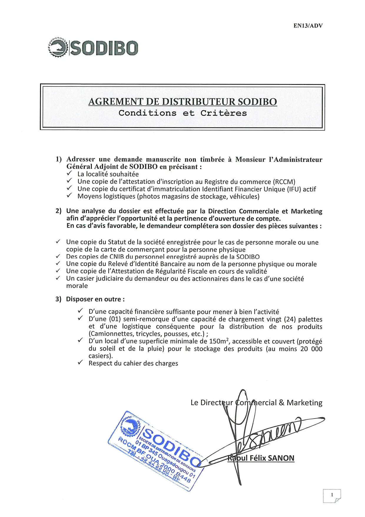 Une image de l'agrément de distributeur SODIBO
