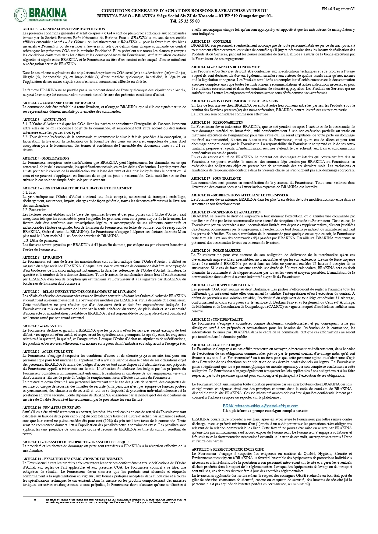 Une image du document des conditions générales d'achats de BRAKINA