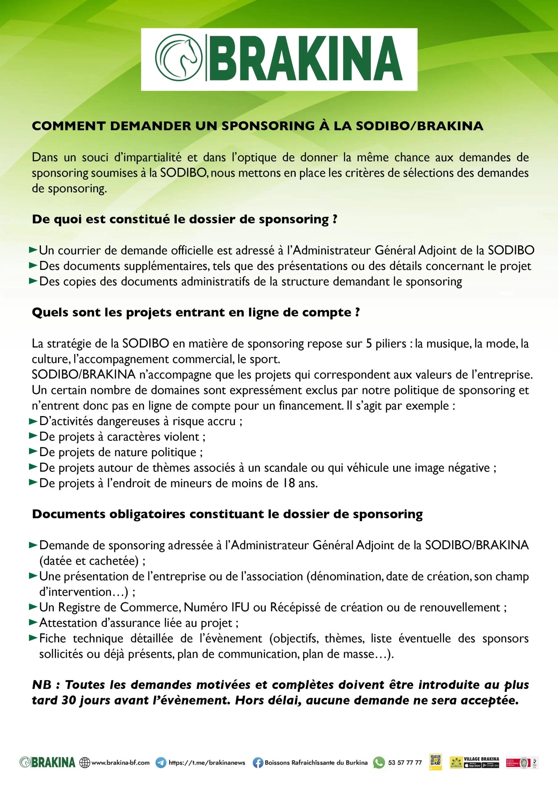 Image des conditions à remplir pour demander un Sponsoring à SODIBO/BRAKINA